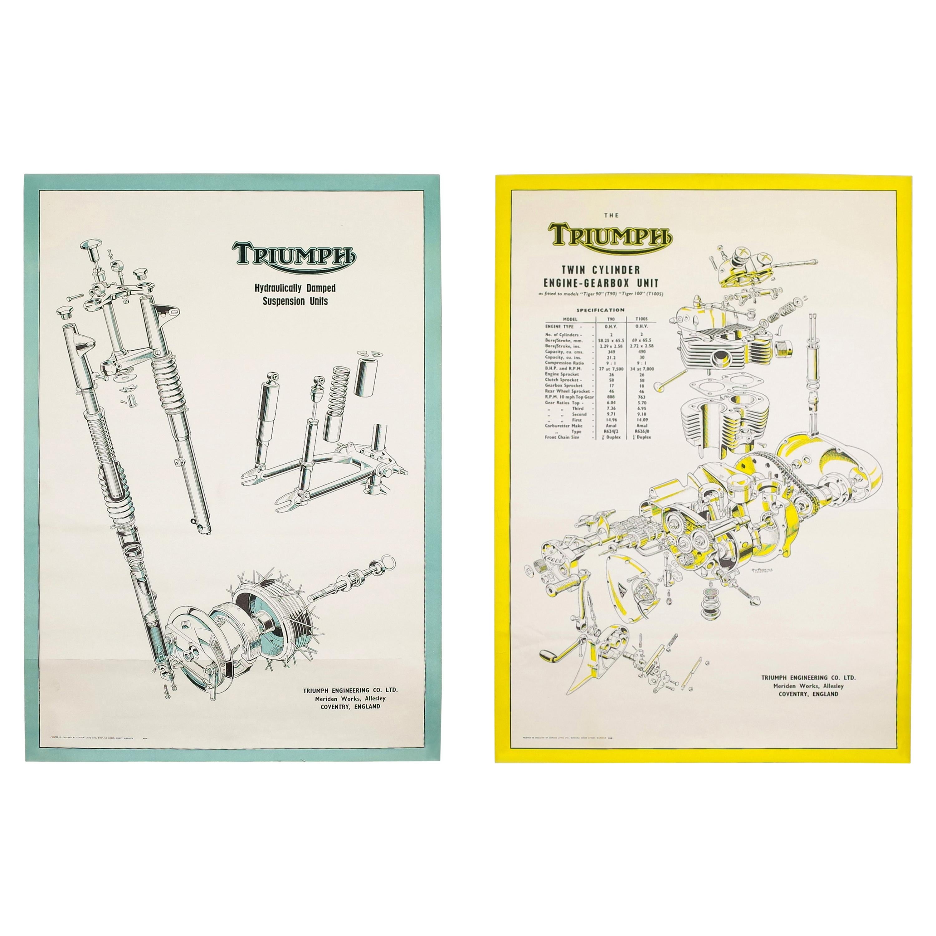 Pair of Triumph Motorcycle Original Technical Posters, England, 1950s