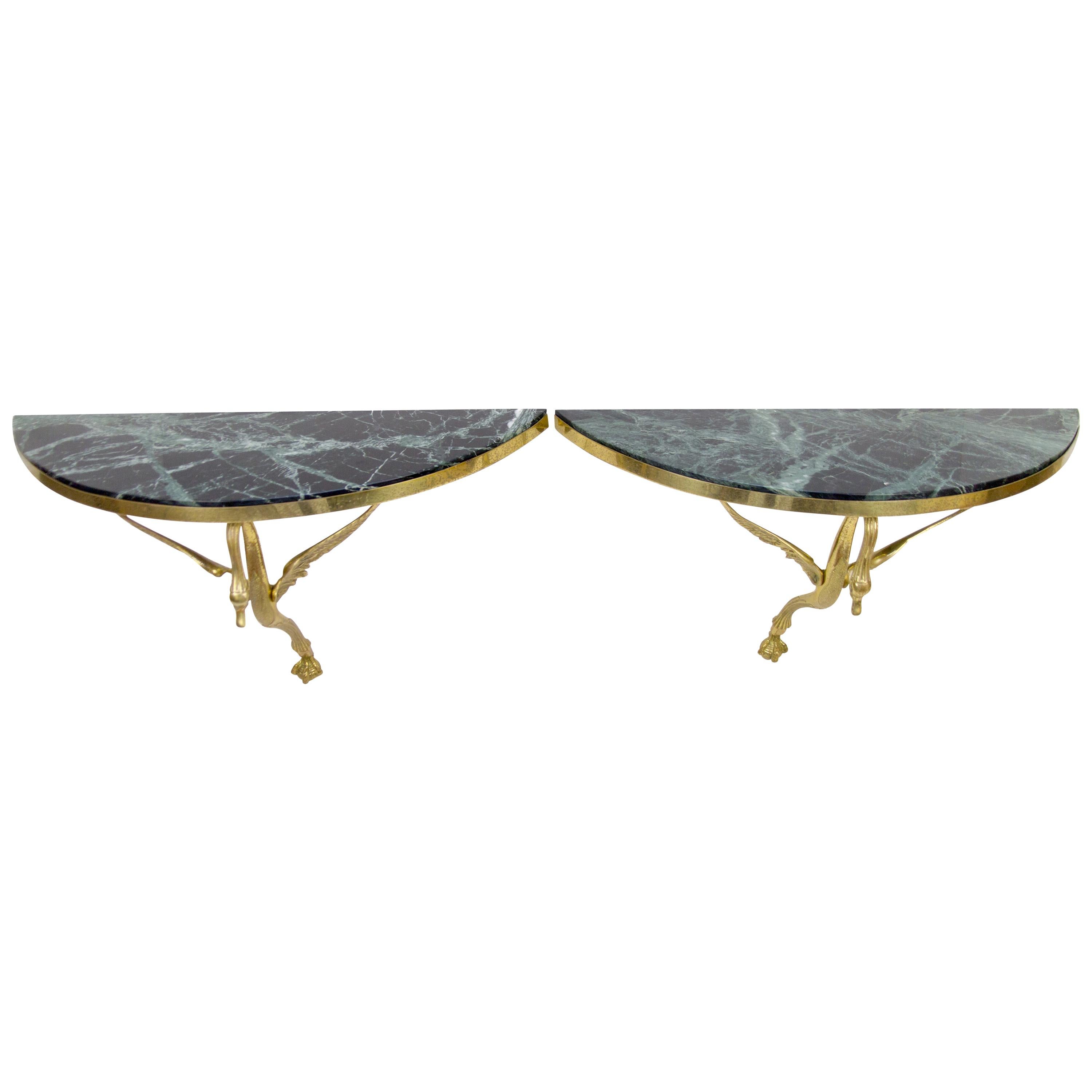 Pair of Neoclassical Style Marble and Bronze Swan Wall Consoles Brackets