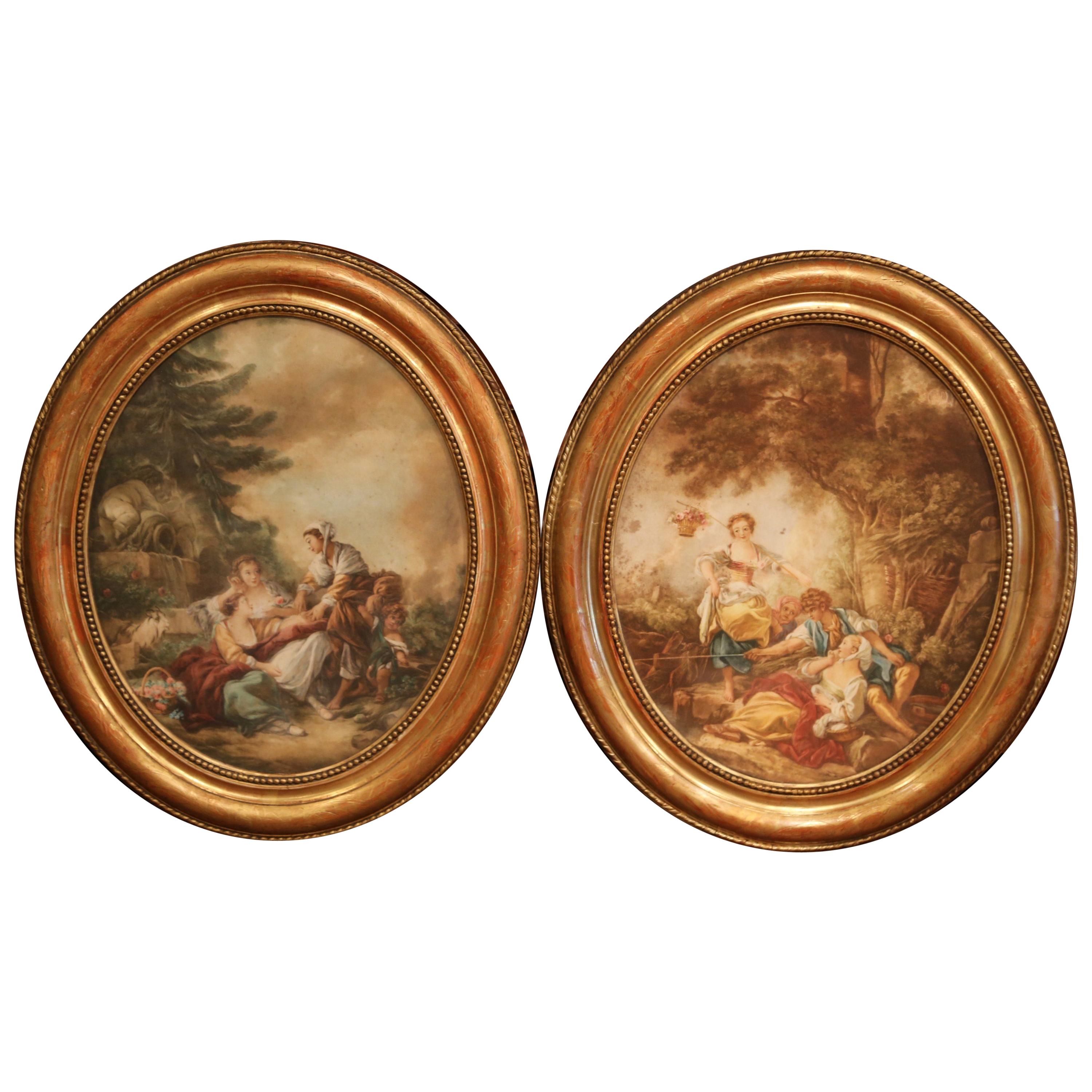 Pair of 19th Century, French Watercolors in Oval Giltwood Frames