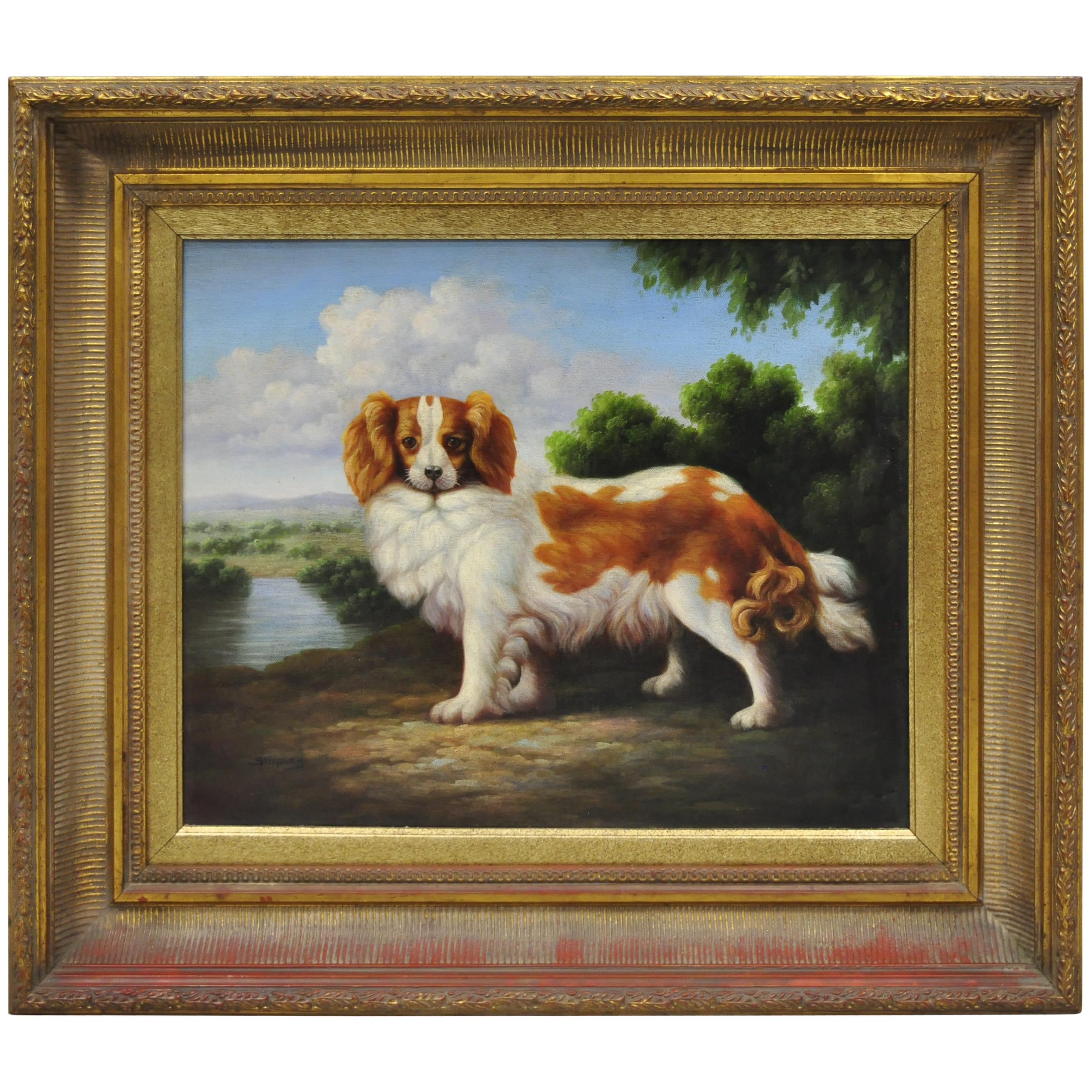 Shipley Signed Oil Painting Spaniel Dog in Landscape Gold Frame