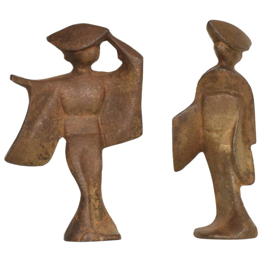 Mid-Century Modern Pair of Cast Iron Japanese Dancers Paper Weights