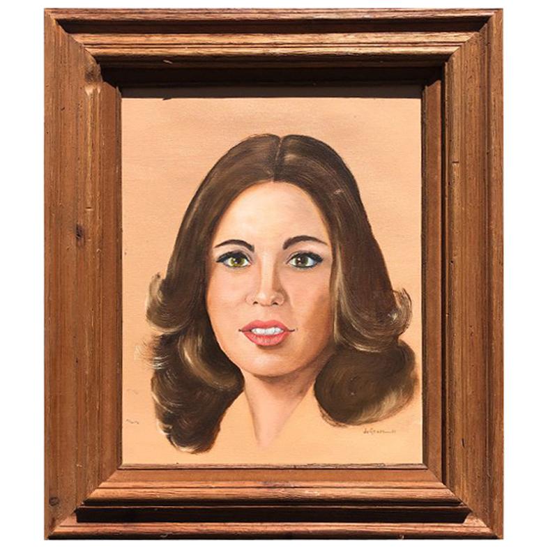 1980s Oil Portrait of a Lady with Brunette Hair on Canvas in Wood Frame