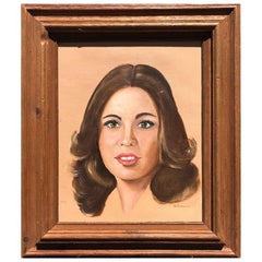 Ritratto a olio degli anni '80 di una signora con i capelli castani su tela con cornice in Wood