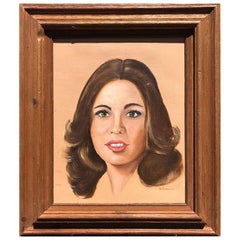 Portrait à l'huile d'une femme avec des cheveux de brunette sur toile dans un cadre en bois, années 1980