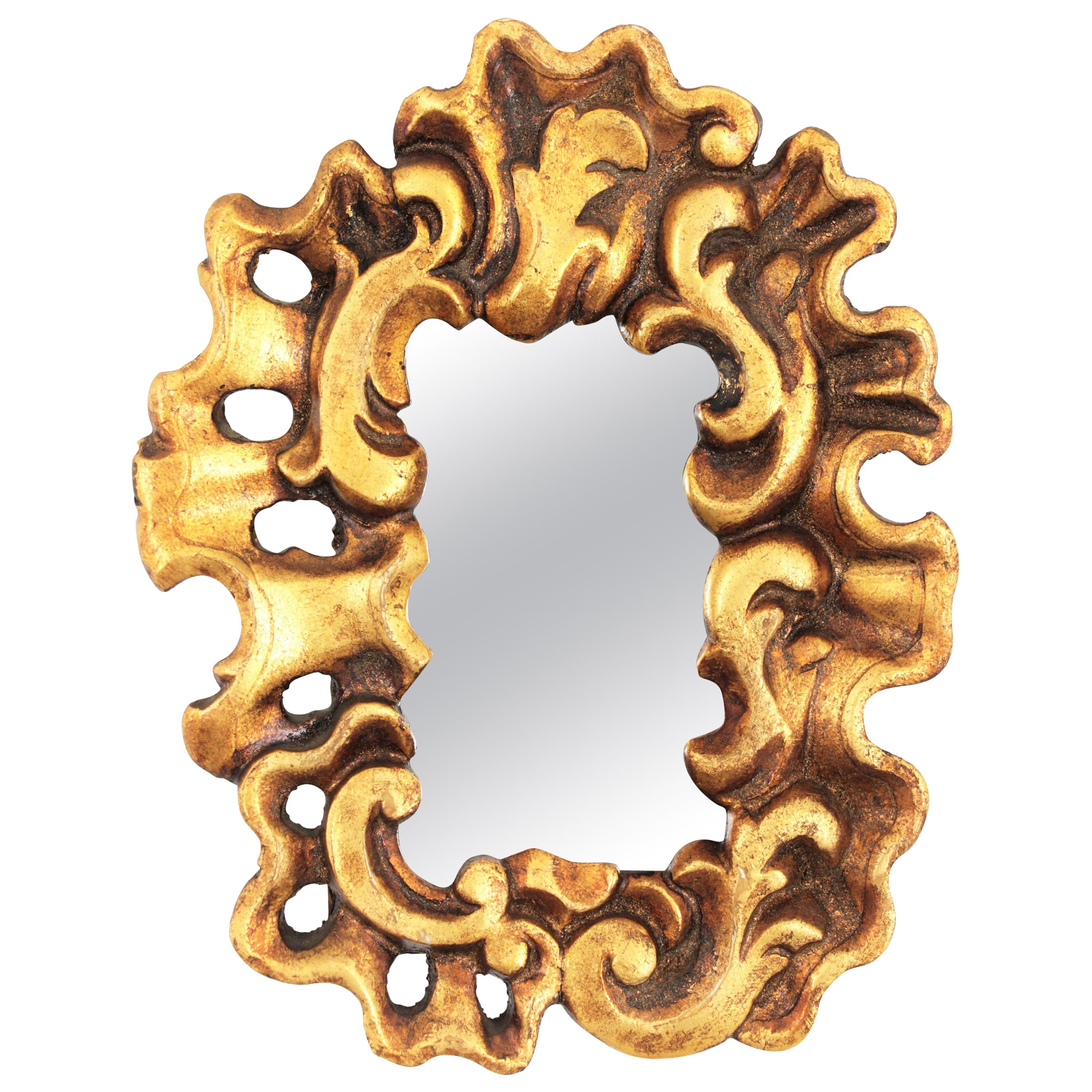 Unusual Art Nouveau Style Carved Giltwood Mini Sized Mirror, Spain, 1920s