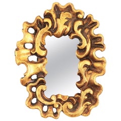 Unusual Art Nouveau Style Carved Giltwood Mini Sized Mirror, Spain, 1920s