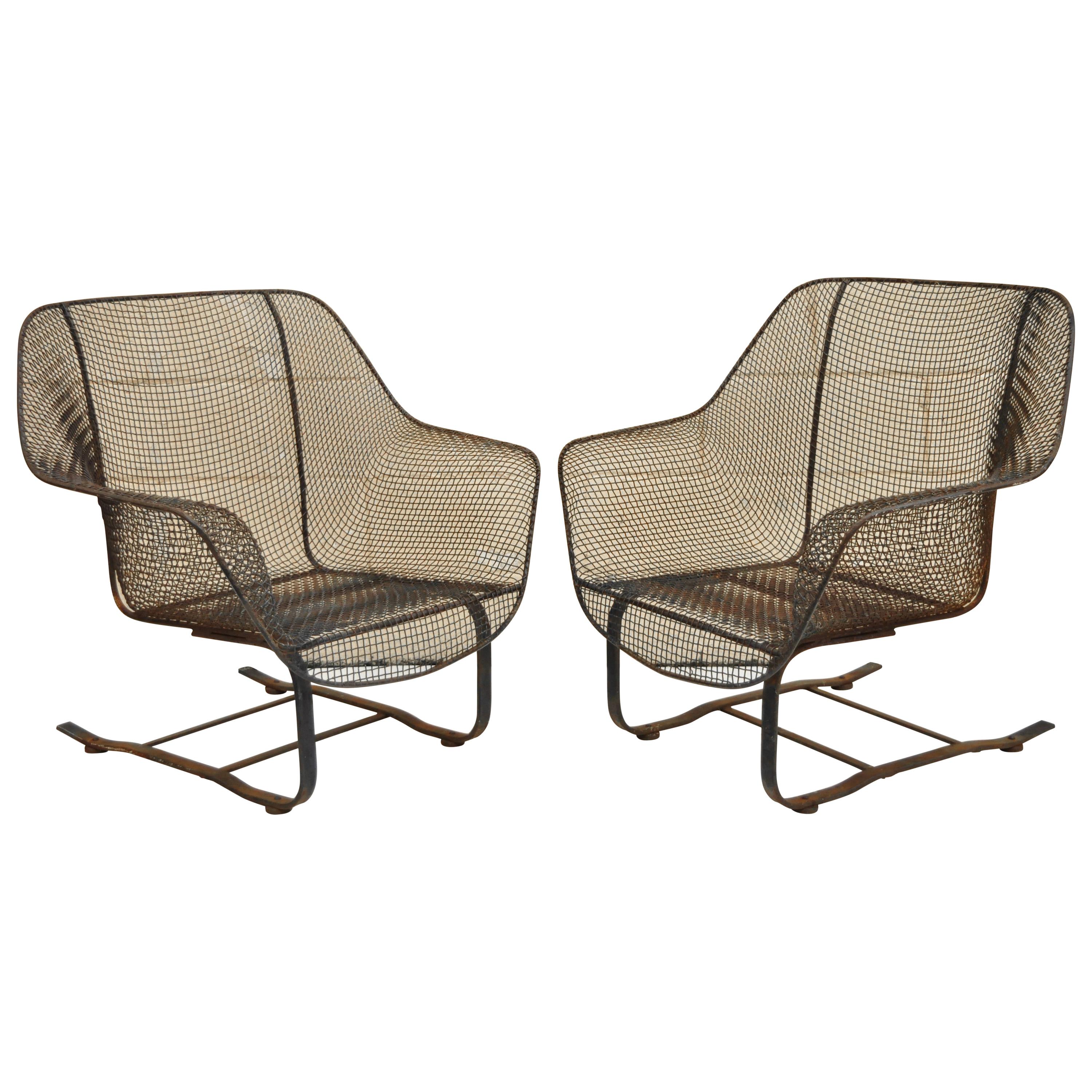 Pair of Russell Woodard Sculptura Metal Mesh Wrought Iron Bouncer Lounge Chairs