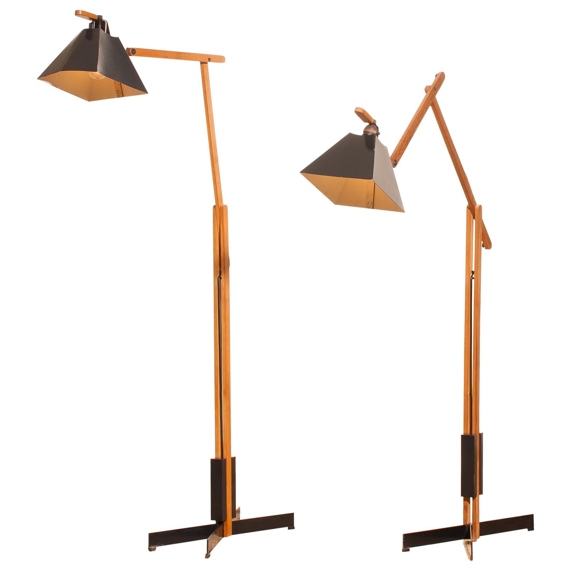 1950s, Pair of Very Rare Teak and Metal Floor Lamps by Luxus