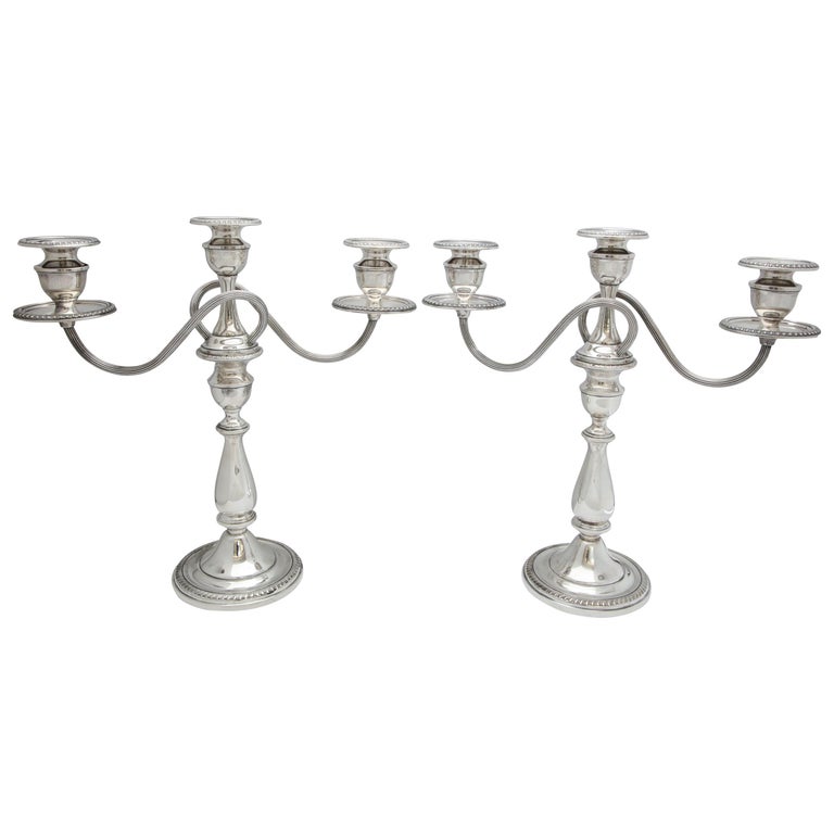 Pair of Empire Style Sterling Silver Candelabra For Sale