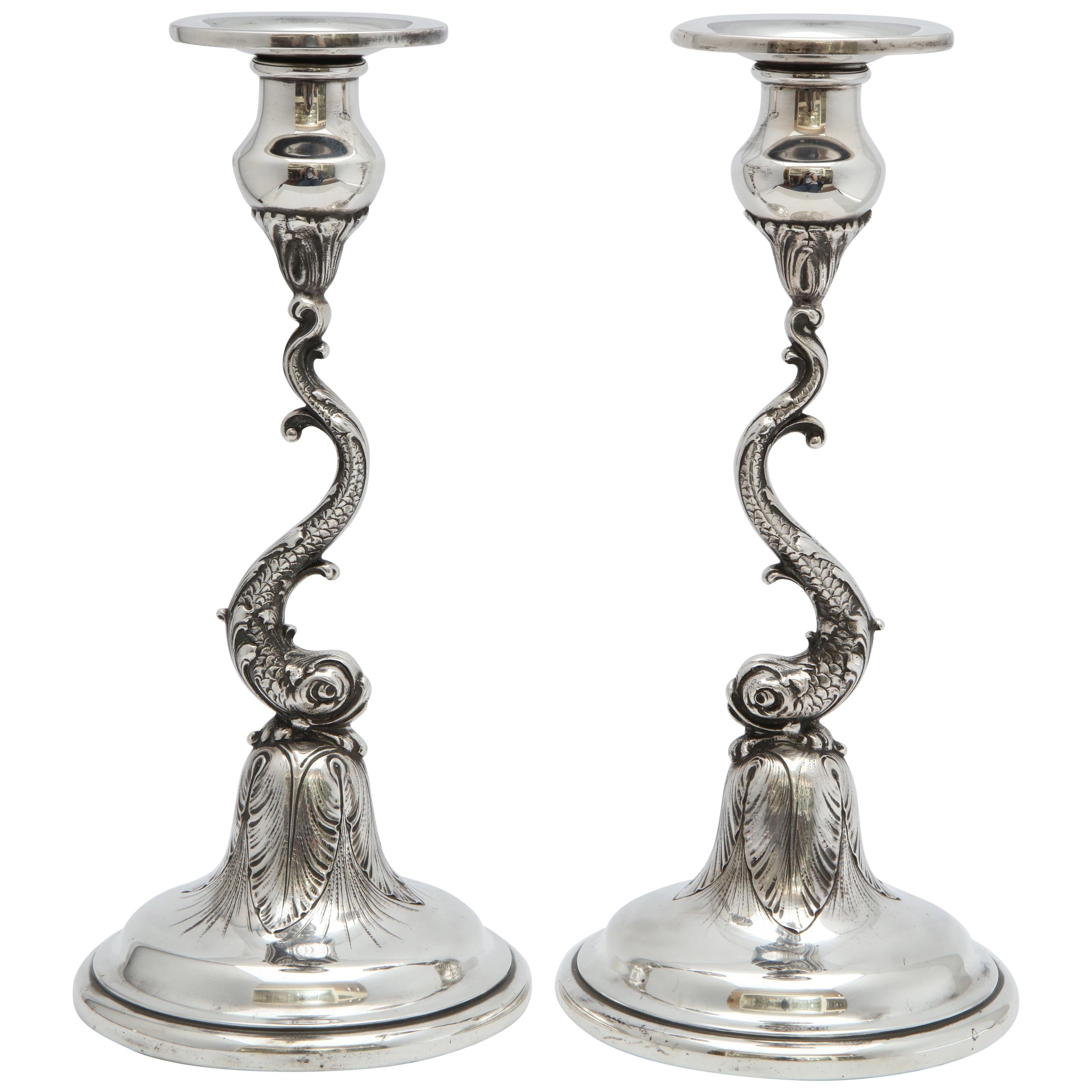 Pair of Art Nouveau Sterling Silver Dolphin-Form Candlesticks by Spaulding