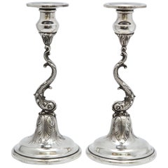 Pair of Art Nouveau Sterling Silver Dolphin-Form Candlesticks by Spaulding