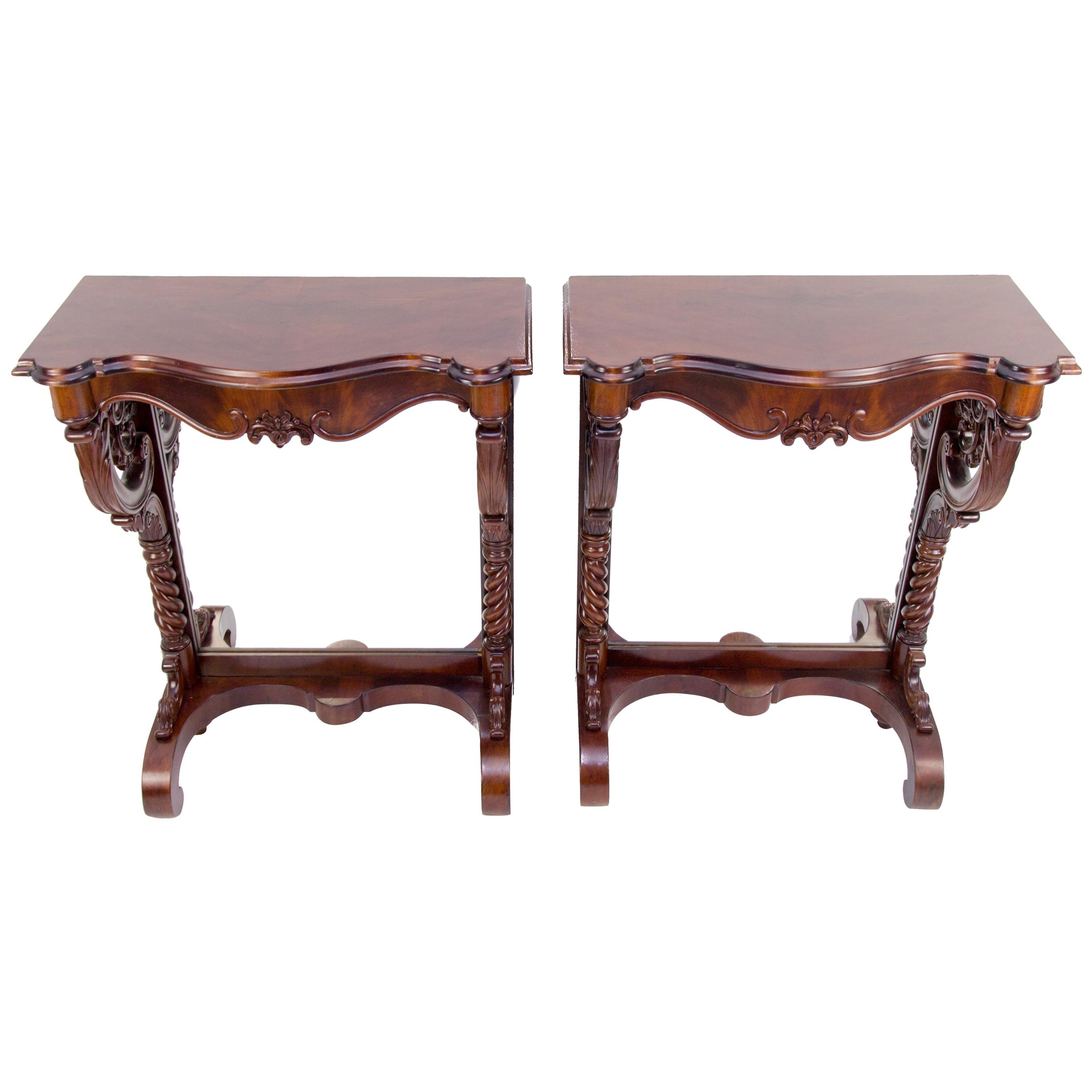Pair of 19th Century Regency Style Walnut and Mirror Wall Console Tables