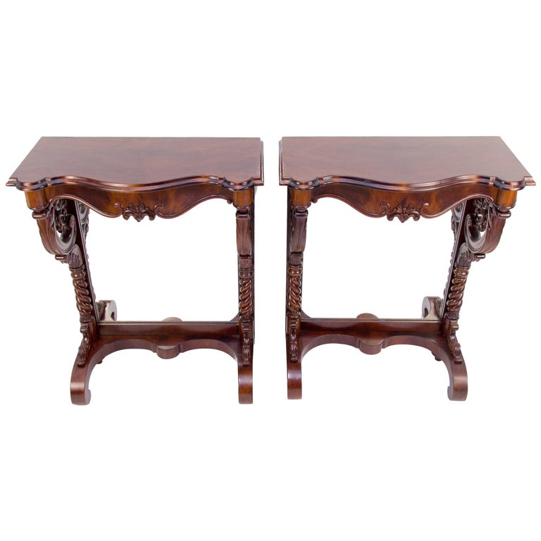 Pair of 19th Century Regency Style Walnut and Mirror Wall Console Tables For Sale