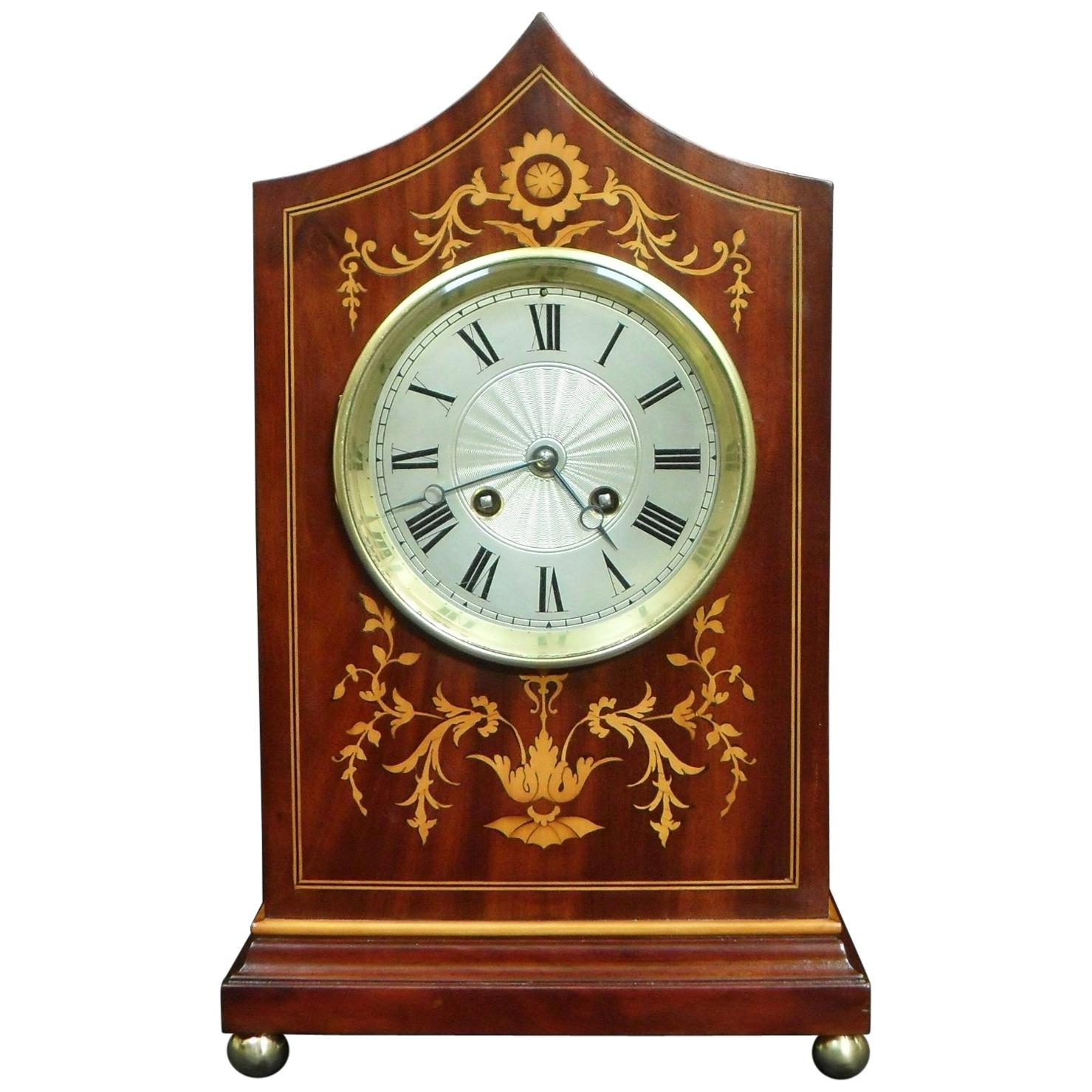 French Belle Epoque Mahogany Inlaid Mantel Clock