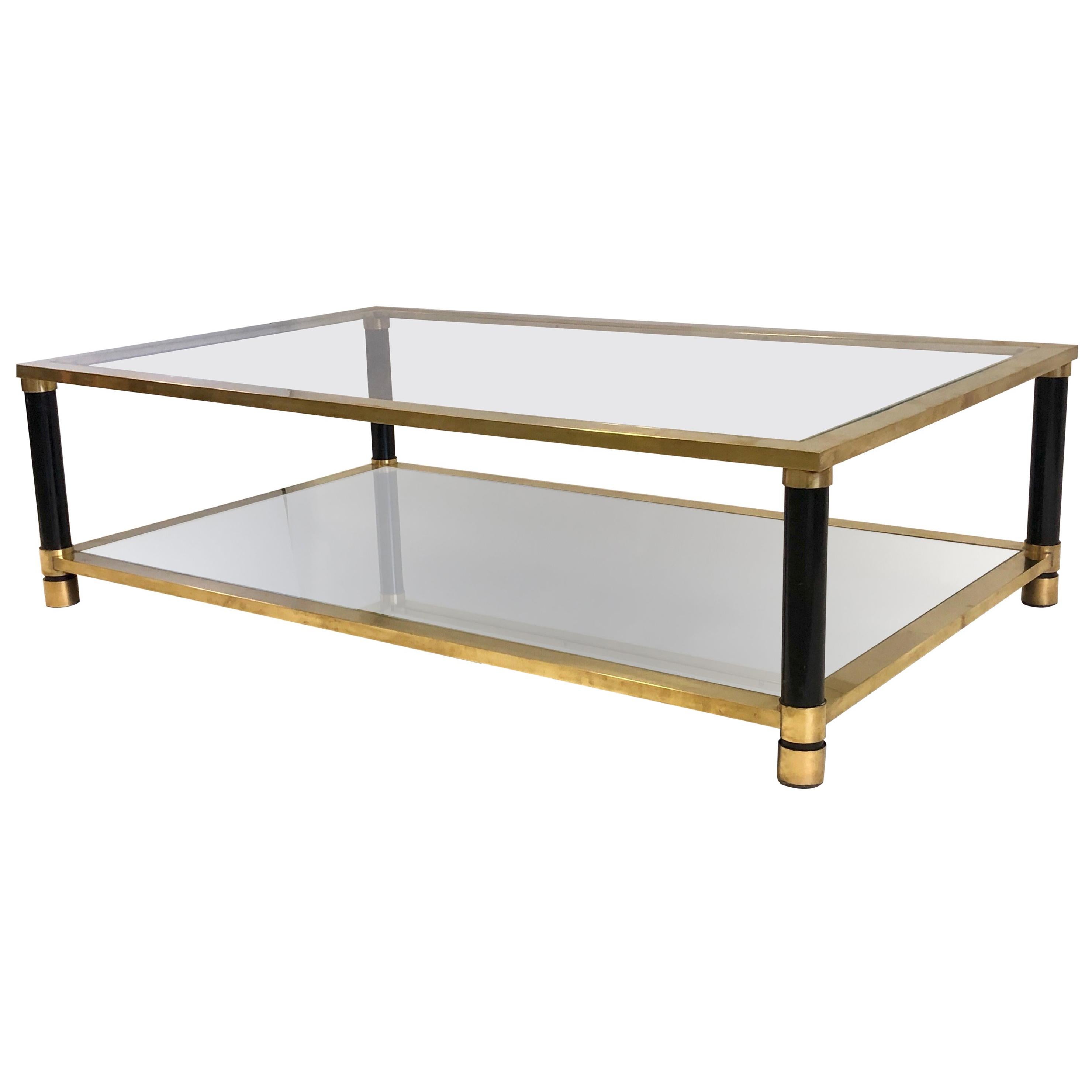 Large French Mid-Century Modern Double Level Brass Coffee Table, Maison Charles