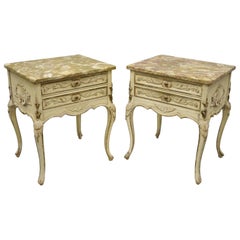 Pair of Distress Painted Louis XV Marble-Top Nightstands or End Tables by Danby