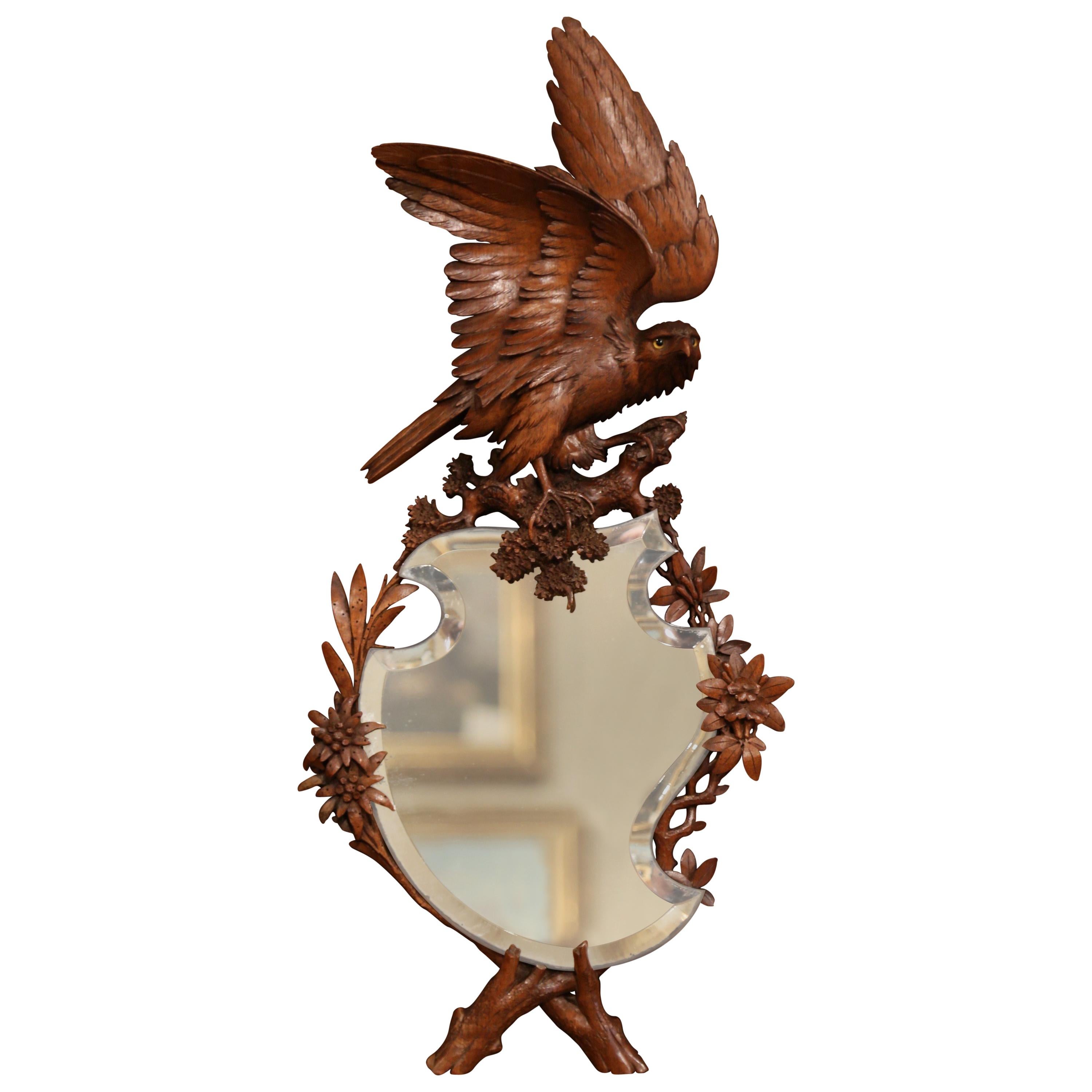19th Century French Black Forest Carved Walnut Mirror with Eagle Sculpture