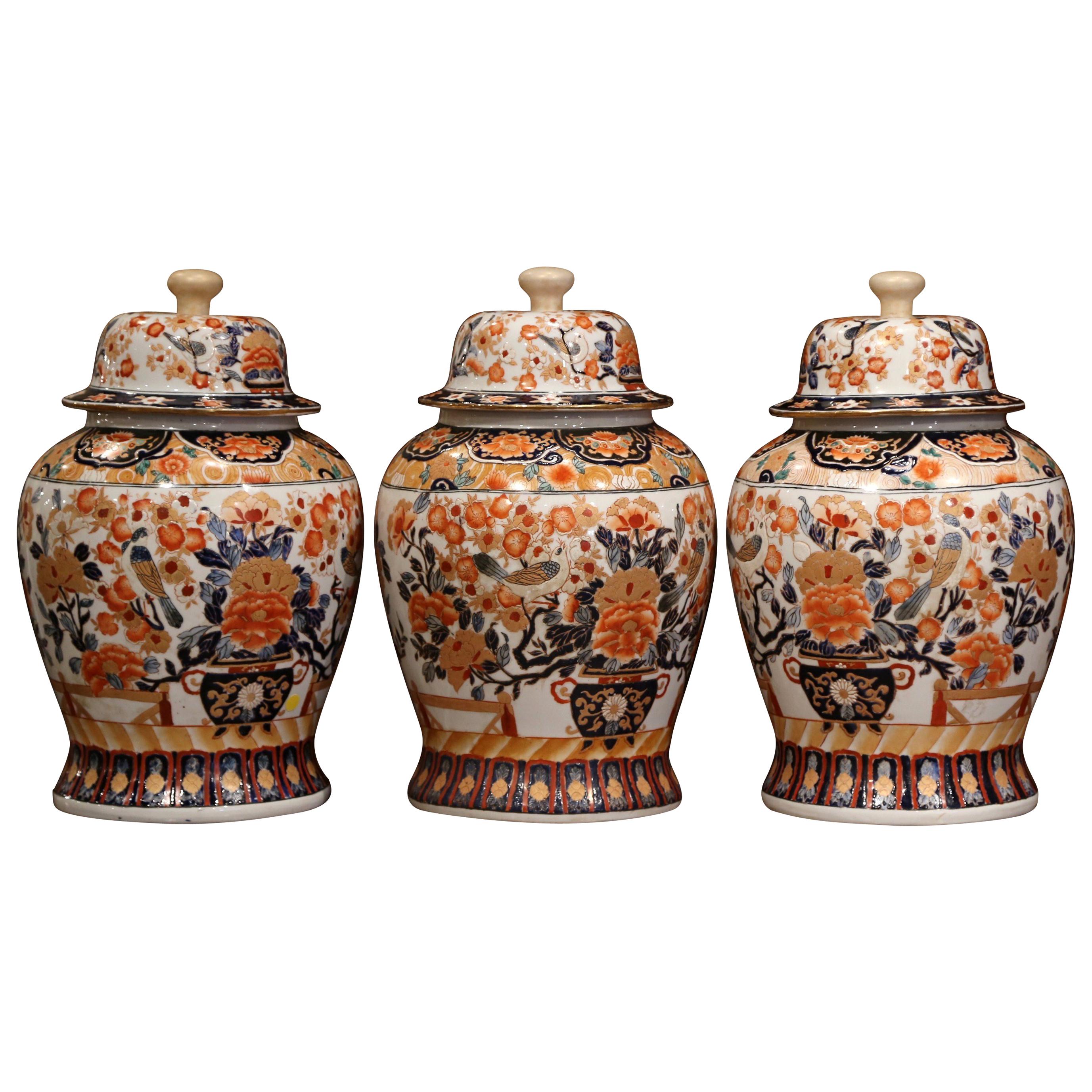 Set of Three Early 20th Century, Chinese Export Porcelain Ginger Jars with Lids