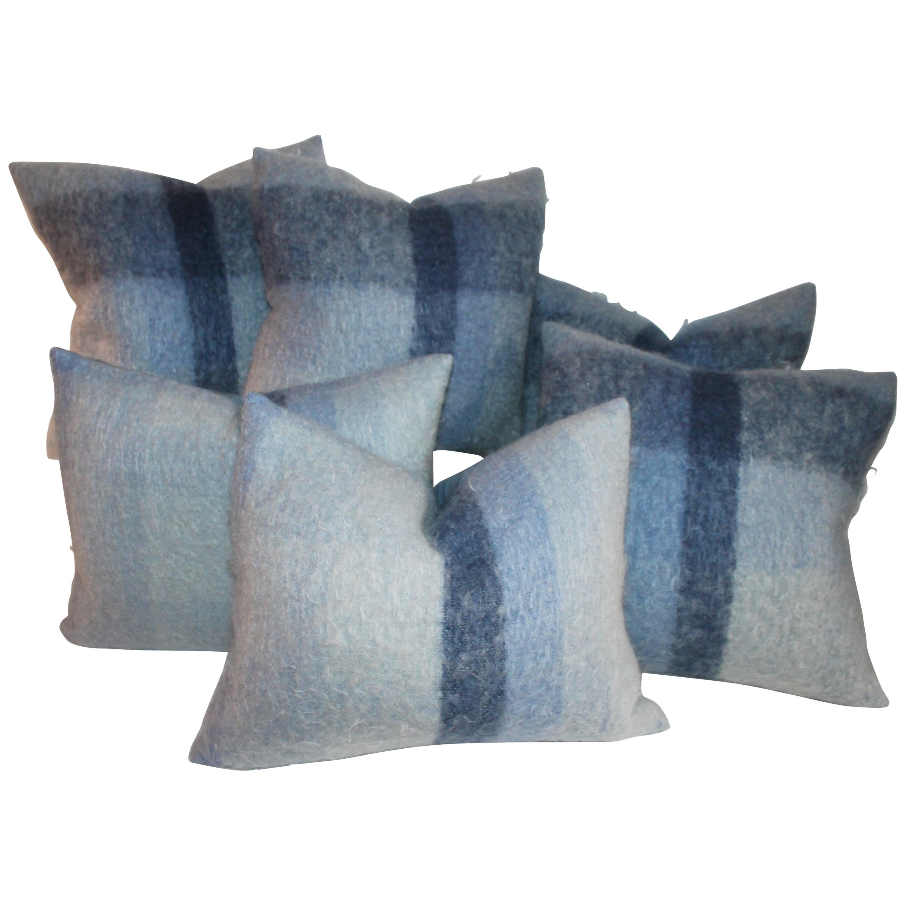 Mohair Pillows in Blues from Vintage Blanket, Pair