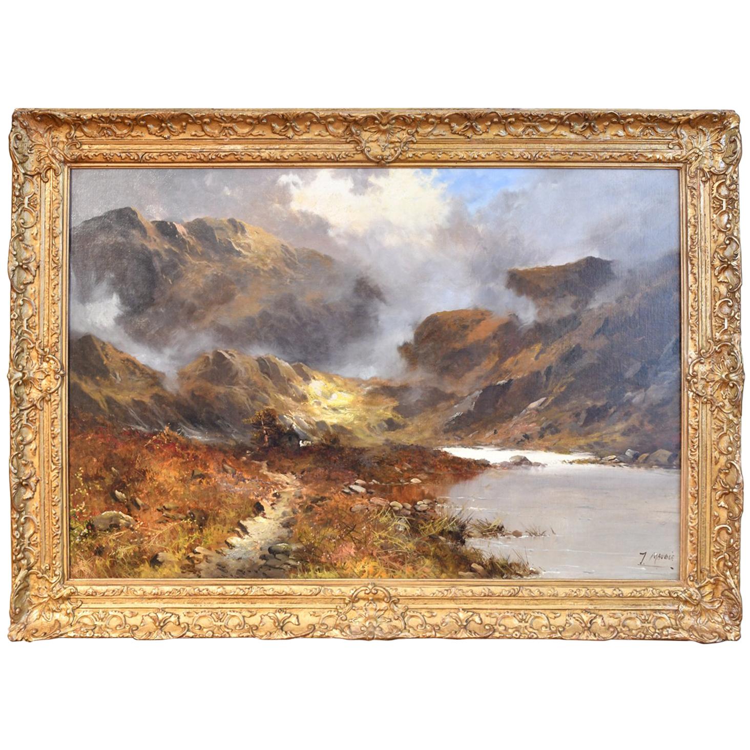 Signed J. Maurice Oil Painting of Welsh Highlands with Original Frame circa 1890