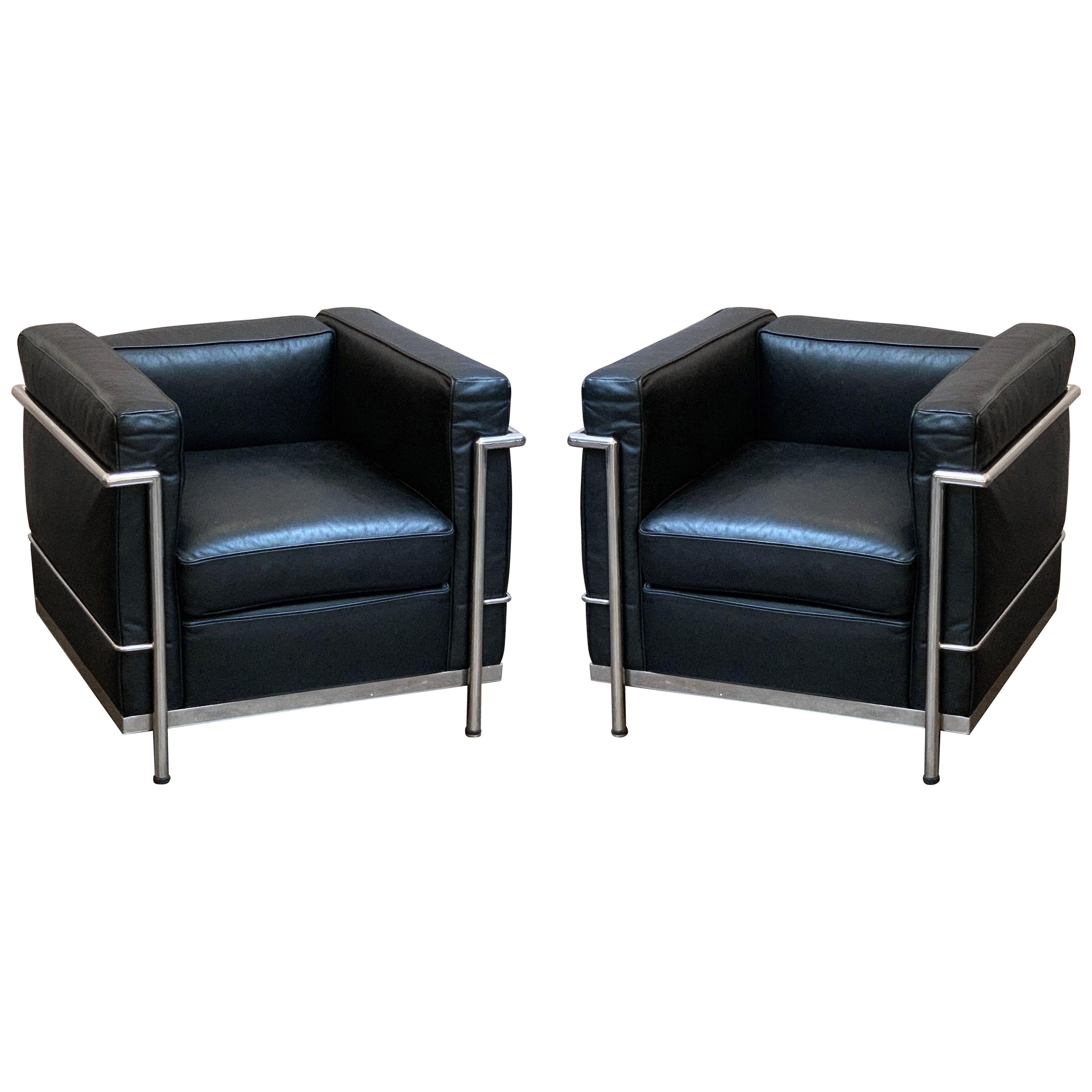 Le Corbusier Style Black Leather and Chrome Chairs