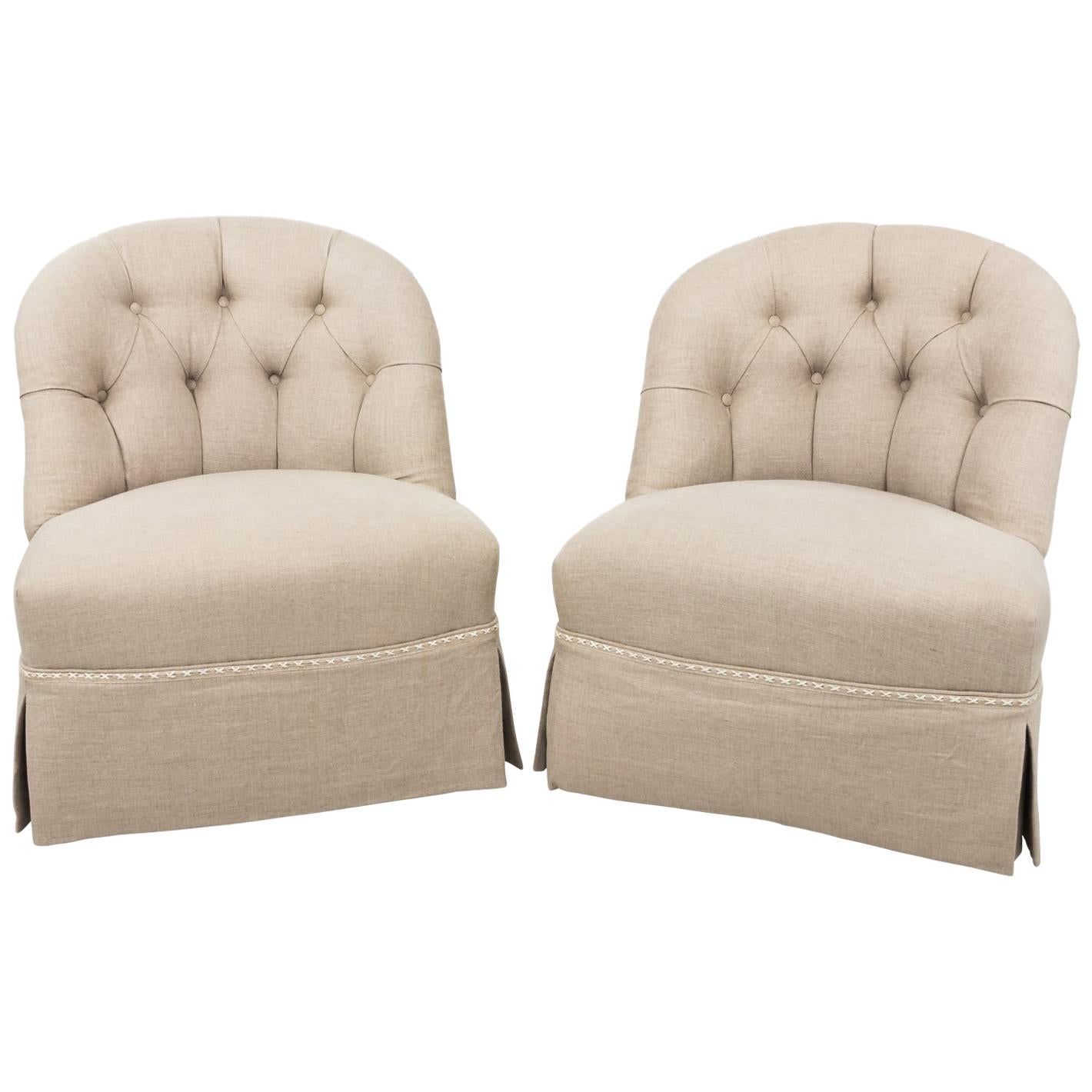 Pair of Tufted Linen Slipper Chairs