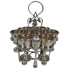 Antique Chinese Silver Egg Stand with 6 Cups and Spoons by Khecheong