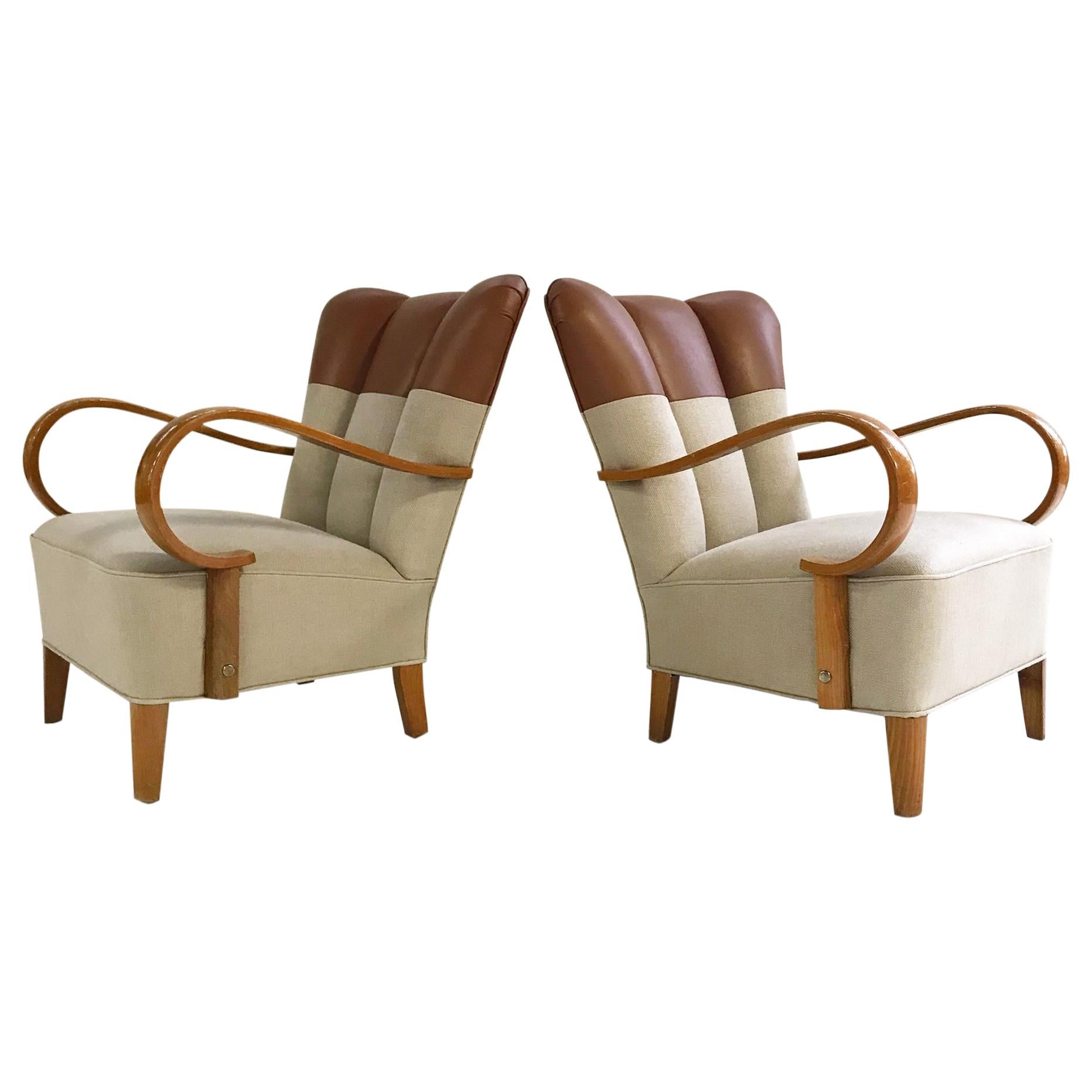1970s, Italian Bentwood Armchairs Restored in Loro Piana Leather and Linen