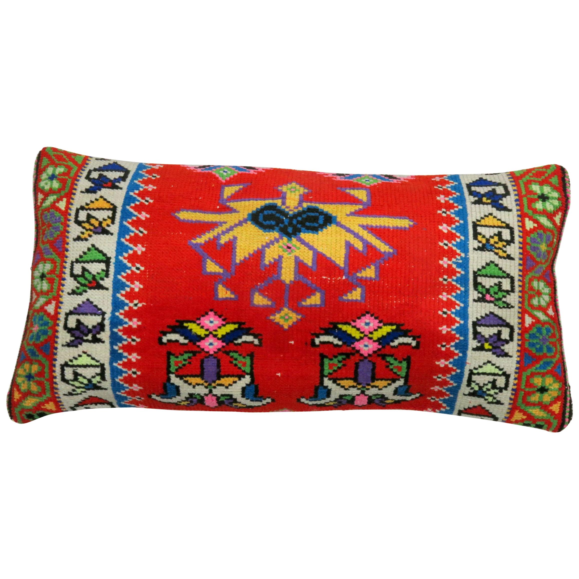 Vibrant Red and Blue Large Vintage Turkish Bolster Size Rug Pillow
