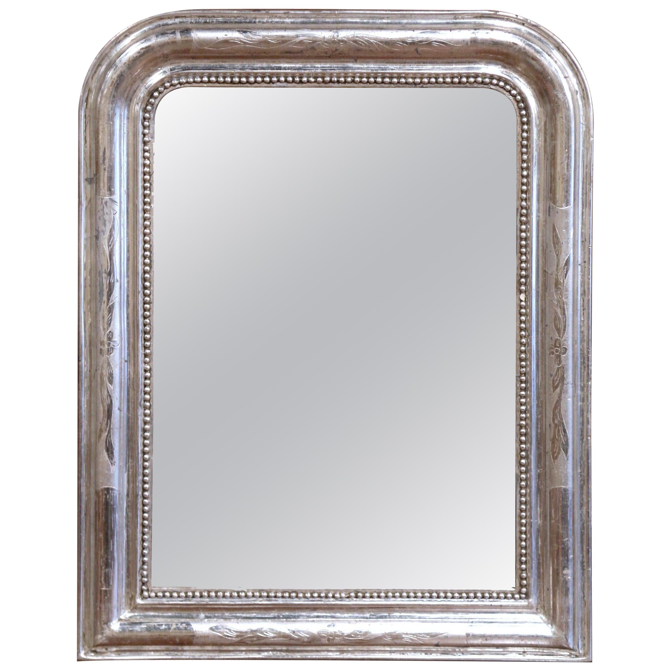 19th Century French Louis Philippe Silver Mirror with Engraved Floral Decor