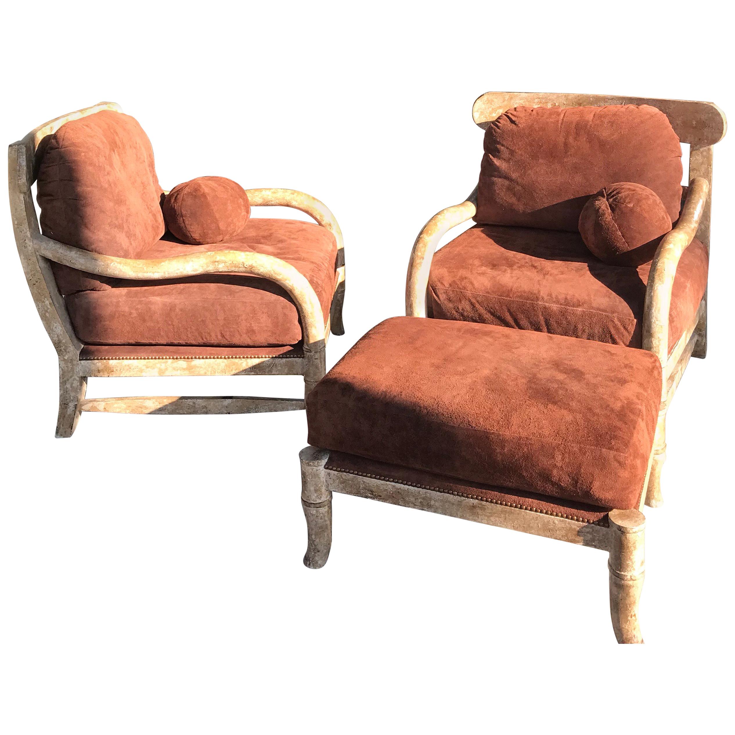 Pair of Kreiss Large Suede and Antiqued Rustico Wood Club Chairs and Ottoman