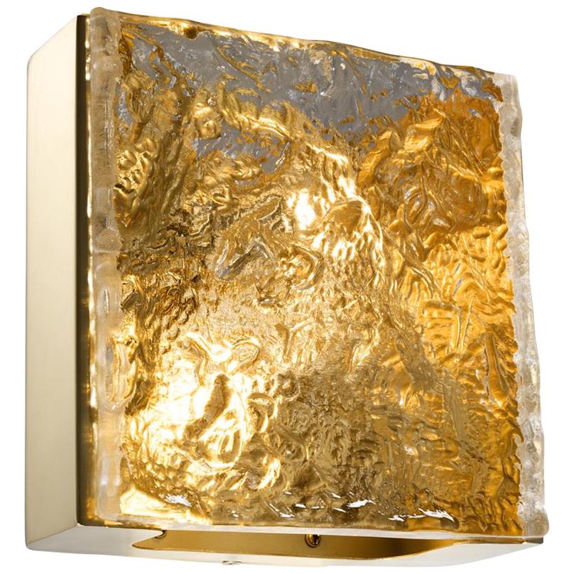 Brushed Brass-Plated Steel and Hand Sculpted Glass Wall Lamp
