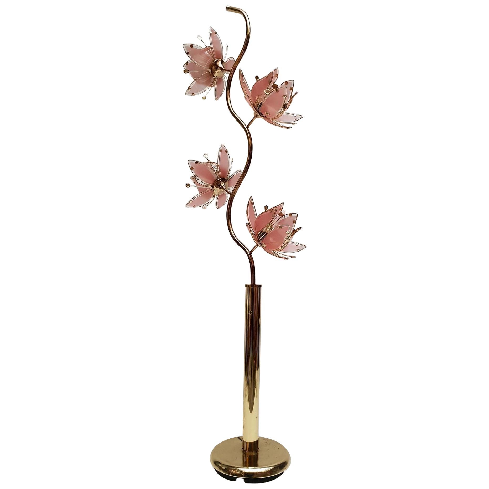  Italian Golden Brass and Murano Glass Lotus Floral Floor Lamp, 1970