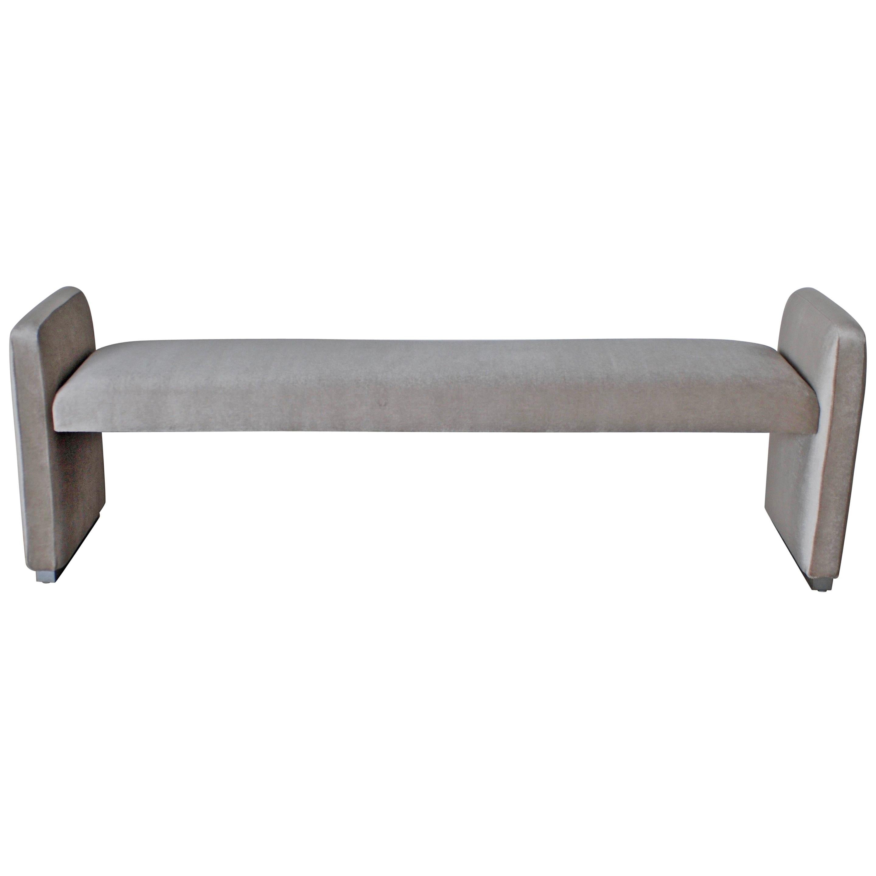 Platinum Silver Pale Gray Mohair Bench with Chrome Base