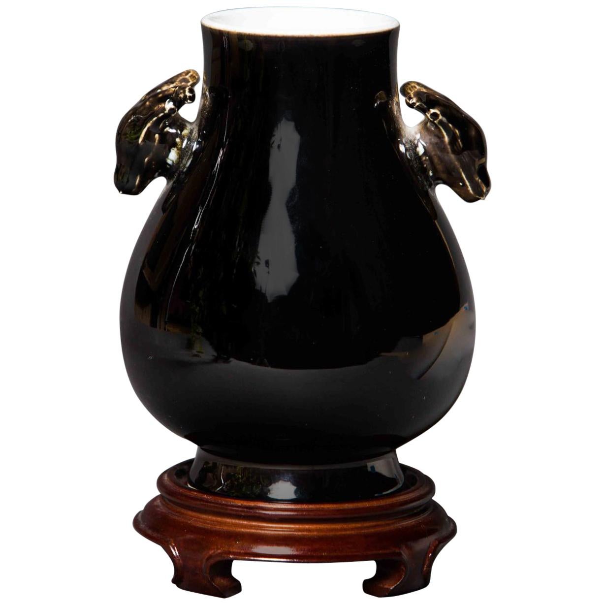 Mirror Black Glazed Vase with Deer Handles and Mark on Bottom, 1900 Chinese For Sale
