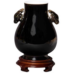 Mirror Black Glazed Vase with Deer Handles and Mark on Bottom, 1900 Chinese