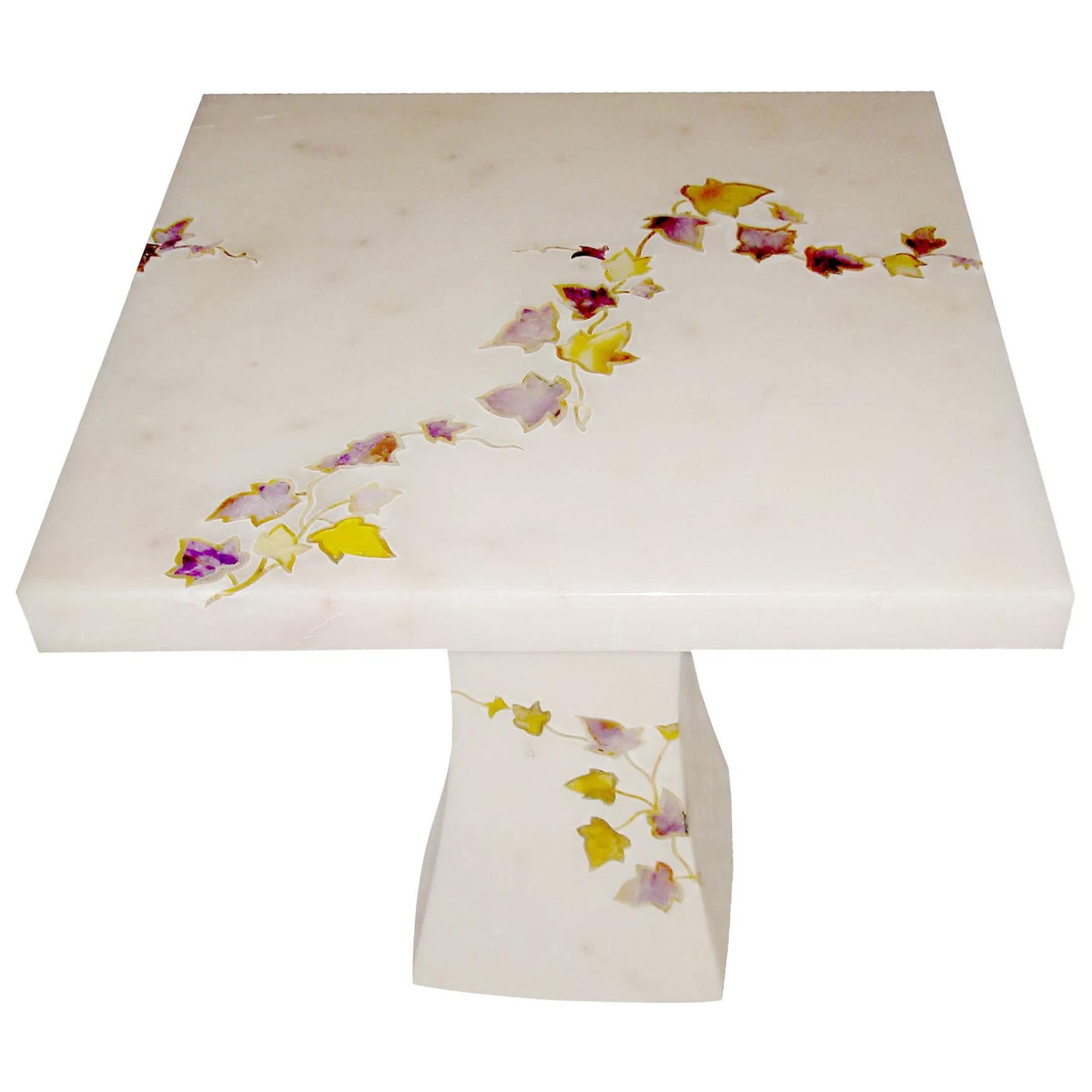 Ivy Side Table Inlay In White Marble Handcrafted In India By Stephanie Odegard In New Condition For Sale In New York, NY