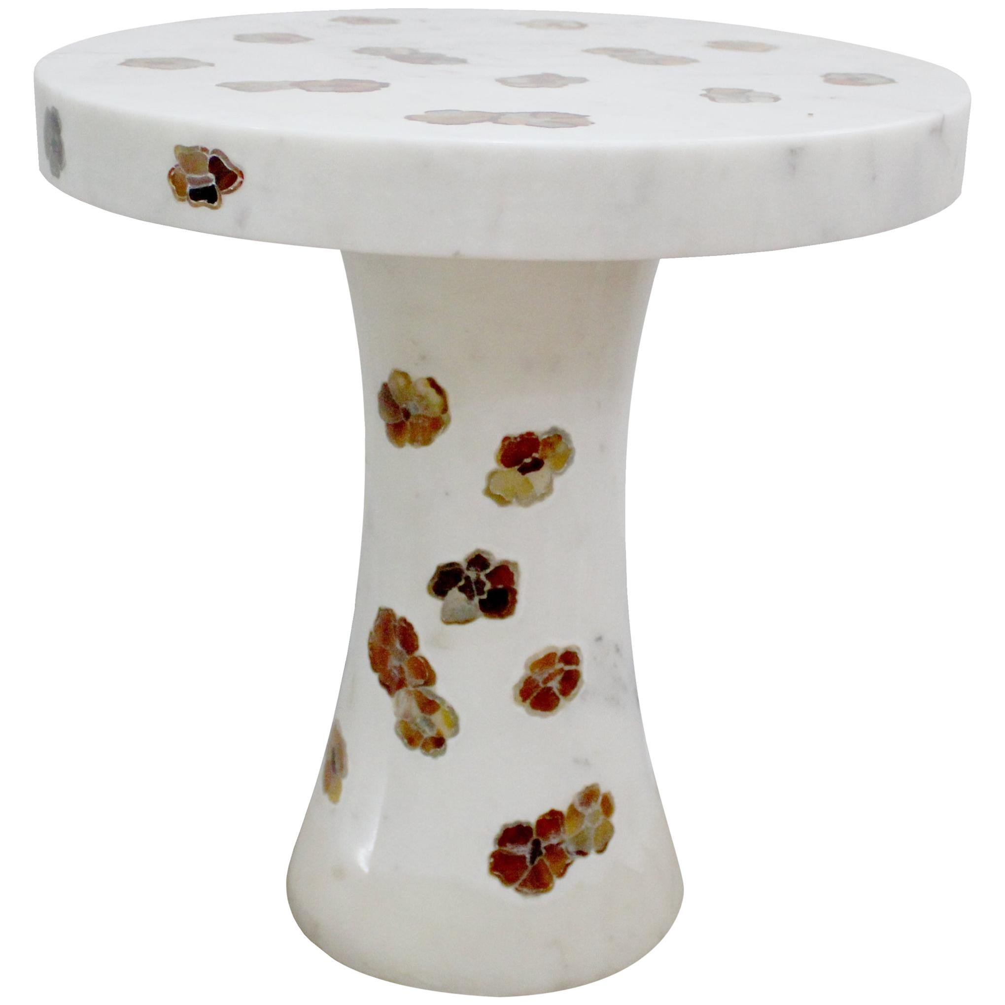 Scattered Pansies Inlay Table in White Marble by Stephanie Odegard For Sale