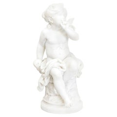 Auguste Moreau, White Marble Little Girl Statuette, 19th Century