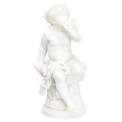 Auguste Moreau, White Marble Little Girl Statuette, 19th Century