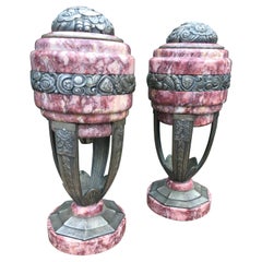Antique French Pair of Silvered Bronze and Marble Art Deco Cassolettes with Flower Decor