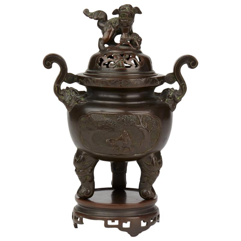 Antique Chinese Qing Bronze Censer and Stand, 19th Century