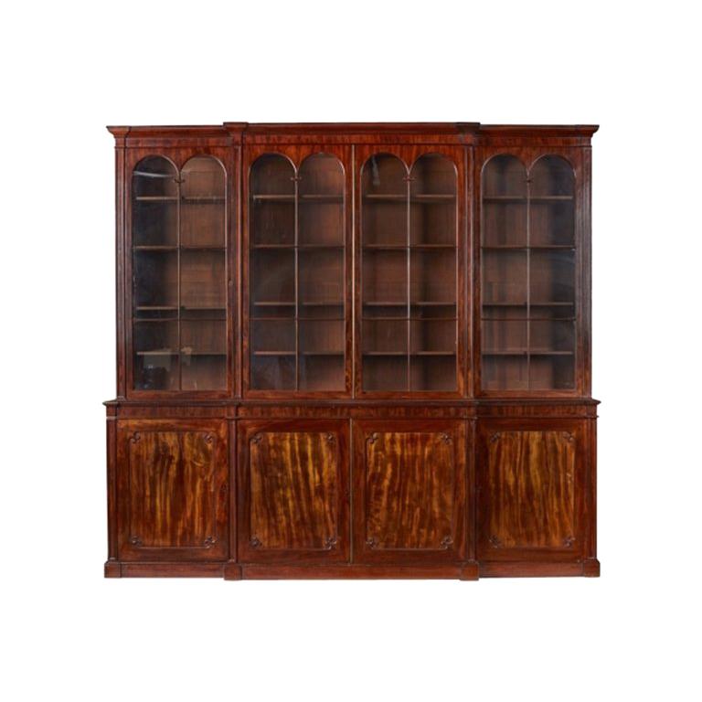 Antique Regency Flame Mahogany Four Door Breakfront Bookcase, 19th Century