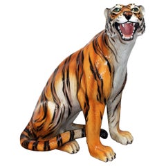 Vintage 1980s Spanish Hand Painted Glazed Ceramic Tiger Sculpture