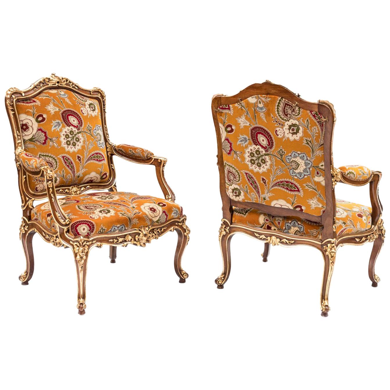 Pair of Louis XV Style Armchairs in Natural Walnut and Gilt Highlights, 1950s