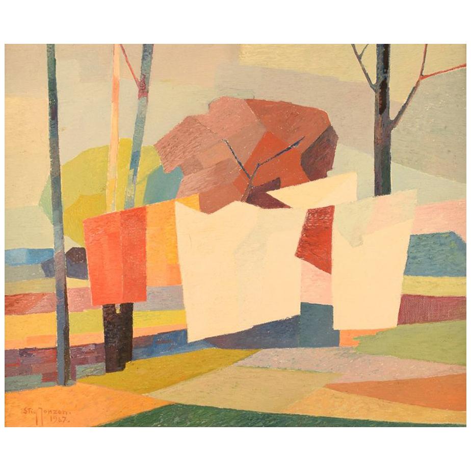 Stig Jonzon, Swedish Artist, Oil on Canvas, Cubist Landscape