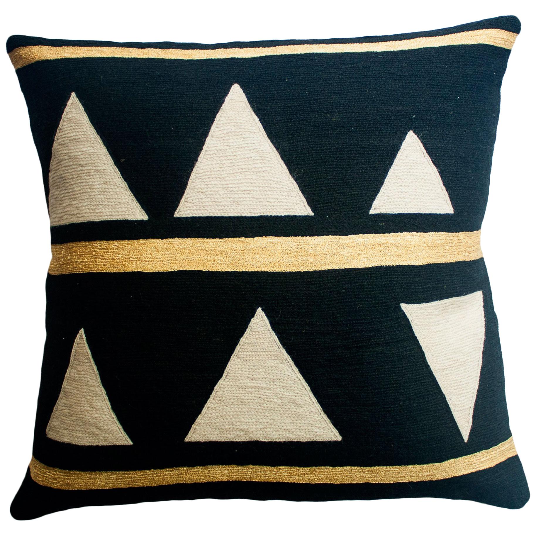 Anaya Stream Gold Hand Embroidered Modern Geometric Throw Pillow Cover