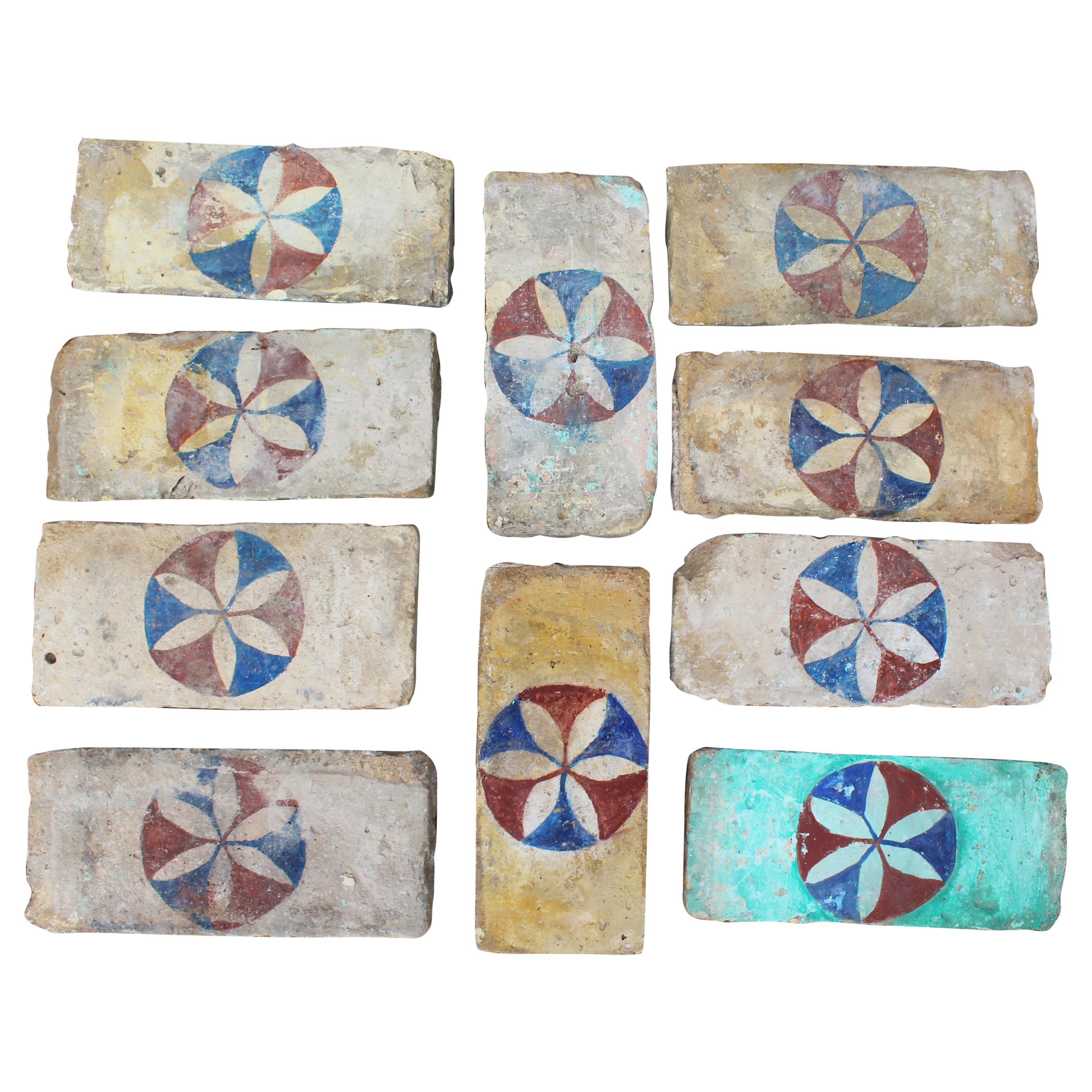 19th Century Set of 10 Andalusia Hand Painted Bricks with Flower Motif