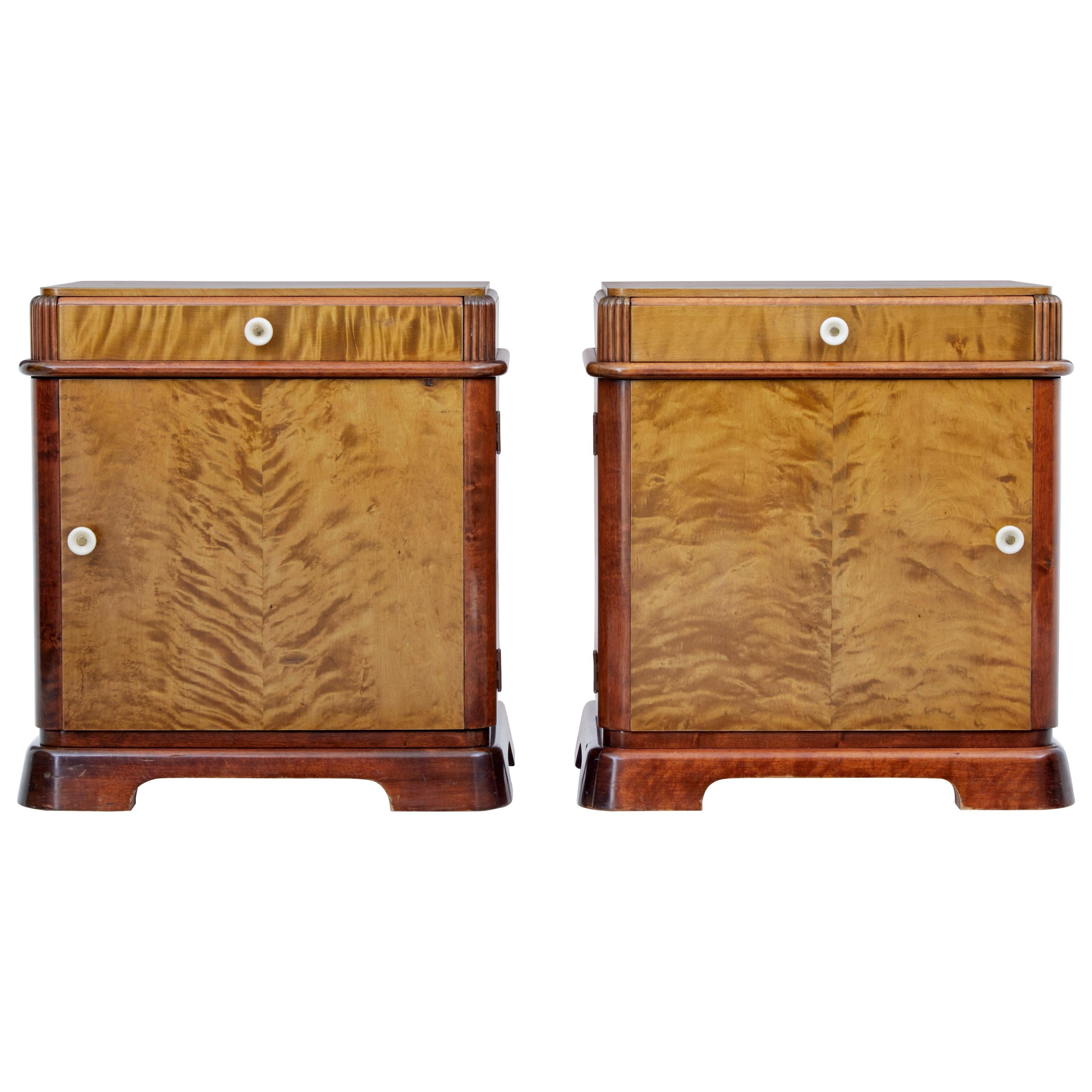 Pair of Late Art Deco Scandinavian Birch Bedside Cabinets