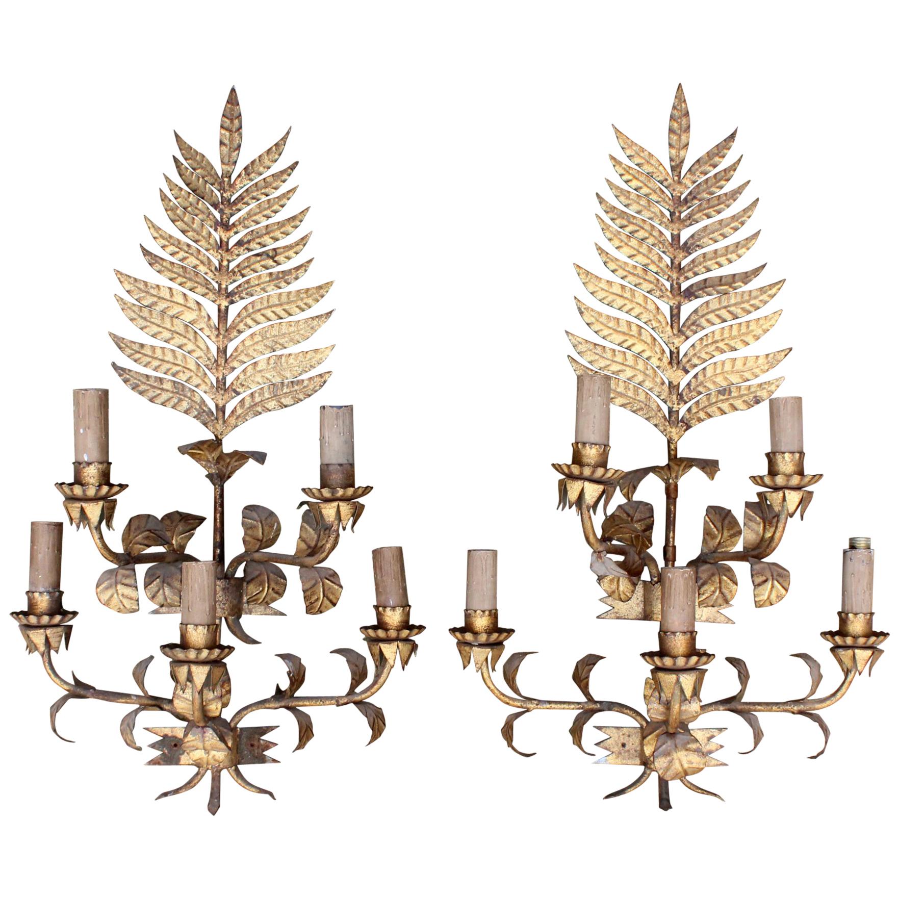 1970s Pair of Spanish Five-Arm Iron Sconces with Floral Motifs